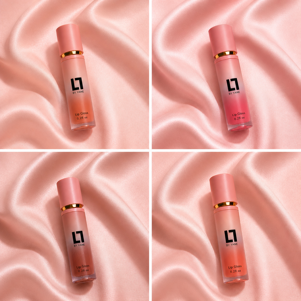 Lips and Lashes by Yane The Perfect Gloss Set: Lip Gloss tubes on pink satin